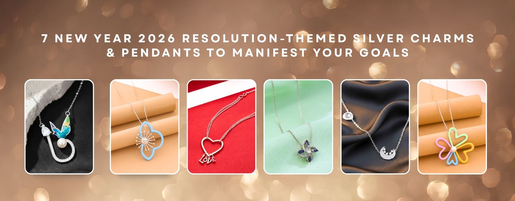 7 New Year 2026 resolution-themed silver charms and pendants symbolising goals, success, positivity, and fresh beginnings.