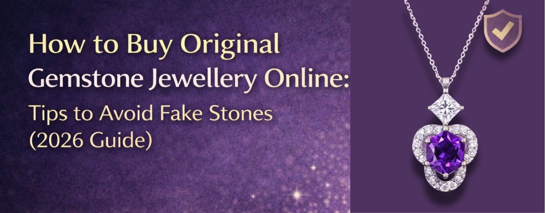 Purple gemstone pendant necklace with authenticity shield.