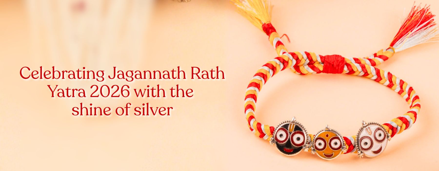 Colorful Jagannath-themed silver bracelets with sacred threads on festive background.