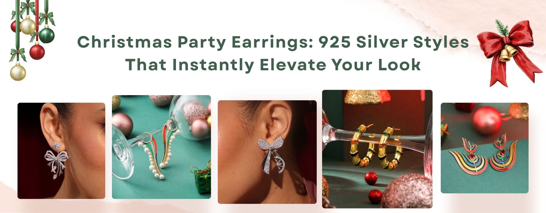 925 silver Christmas party earrings featuring festive bow, pearl, hoop, and colorful statement designs styled for elegant holiday looks.