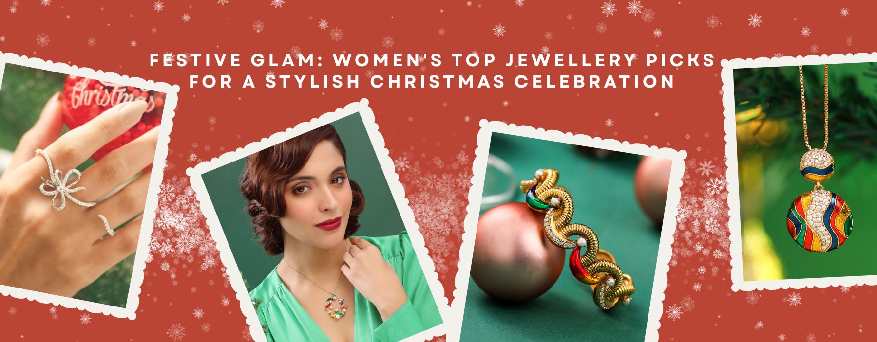 Women wearing elegant festive jewellery including silver earrings, necklaces and rings styled for a glamorous Christmas celebration party look.