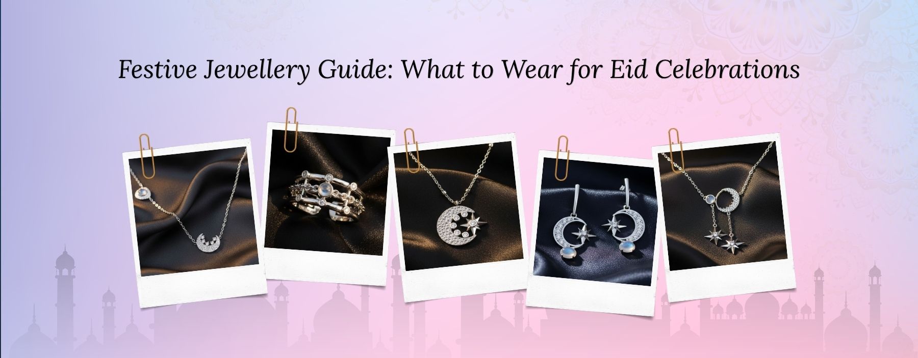 Eid-themed silver jewellery collection with moon and star designs.
