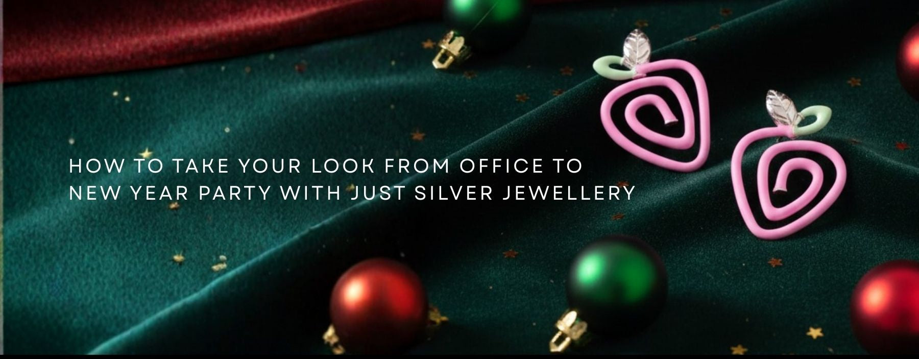Stylish silver jewellery earrings displayed on festive fabric, showing how to transition an office look to a New Year party with minimal accessories.