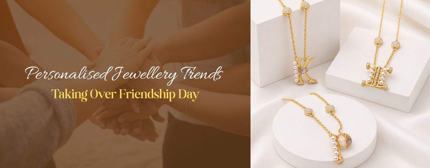 Personalized gold jewelry pendants displayed beside friendship-themed background imagery collage.