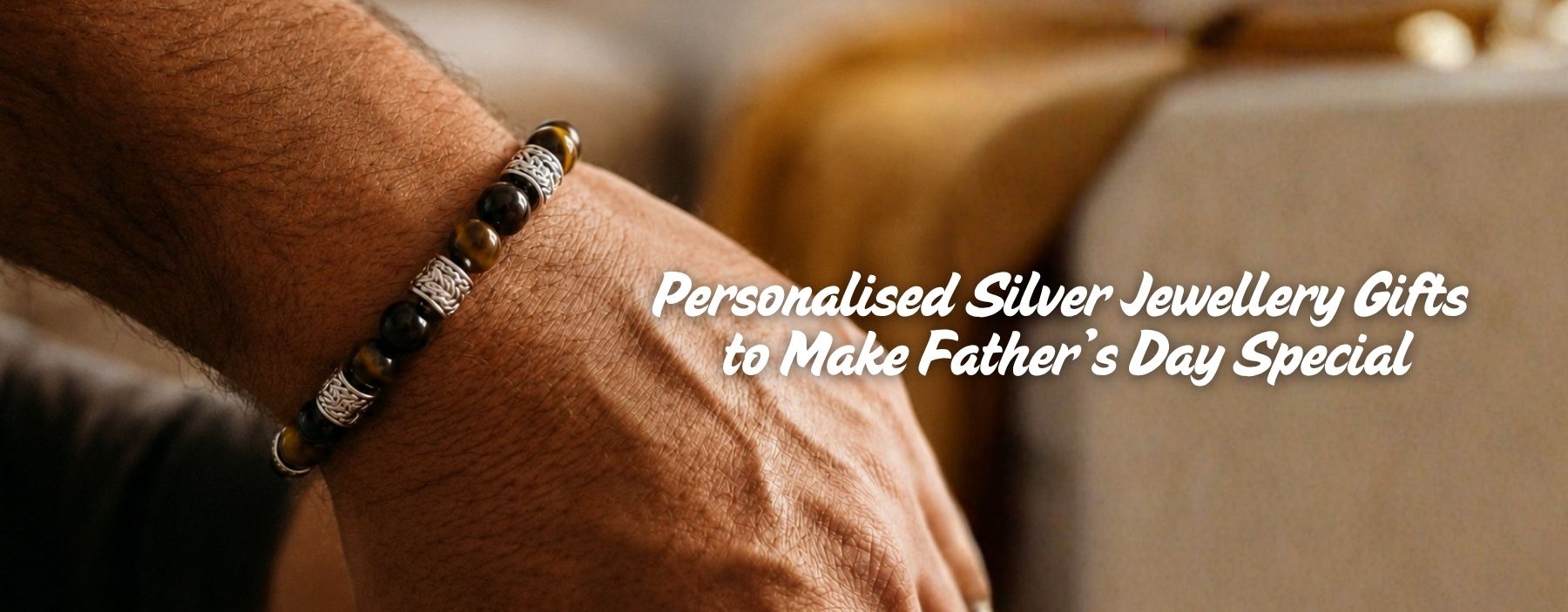 Personalised silver and tiger eye bead bracelet gift for Father’s Day.