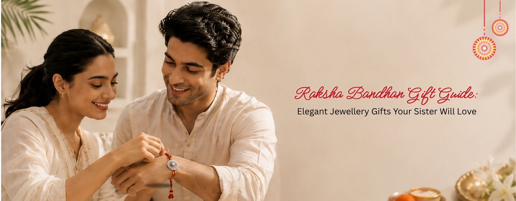 Brother and sister celebrating Raksha Bandhan with silver rakhi bracelet.
