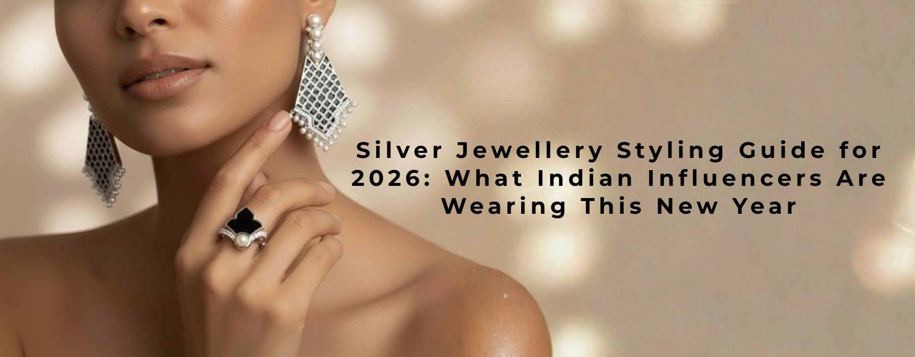 Indian influencers styling silver jewellery trends for 2026, showcasing layered necklaces, statement earrings, and festive New Year fashion looks.