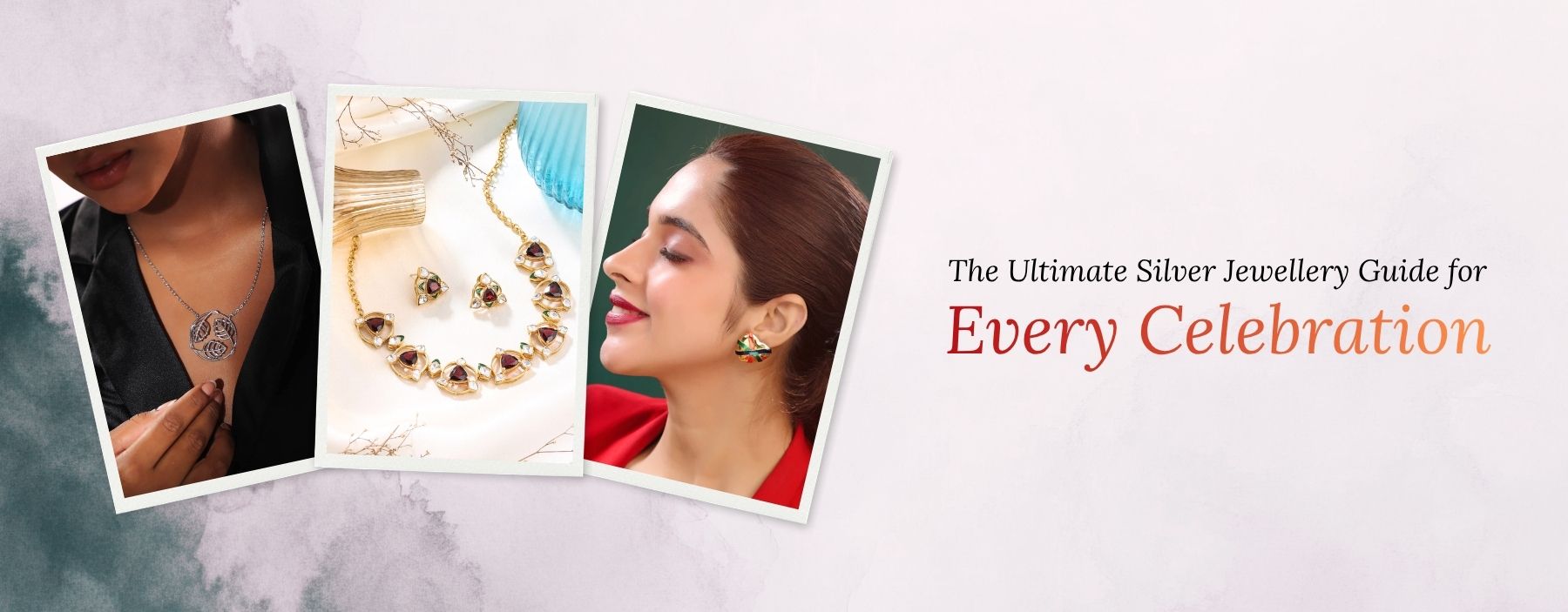 Women wearing silver necklaces and earrings in three elegant portraits.