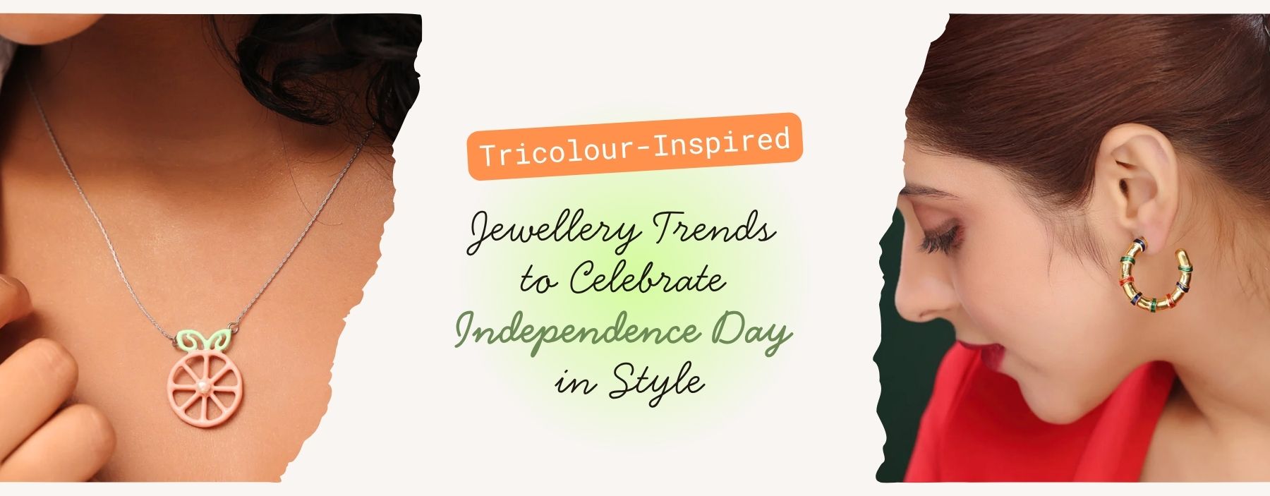 Woman wearing tricolour-inspired jewelry with patriotic Independence Day styling.