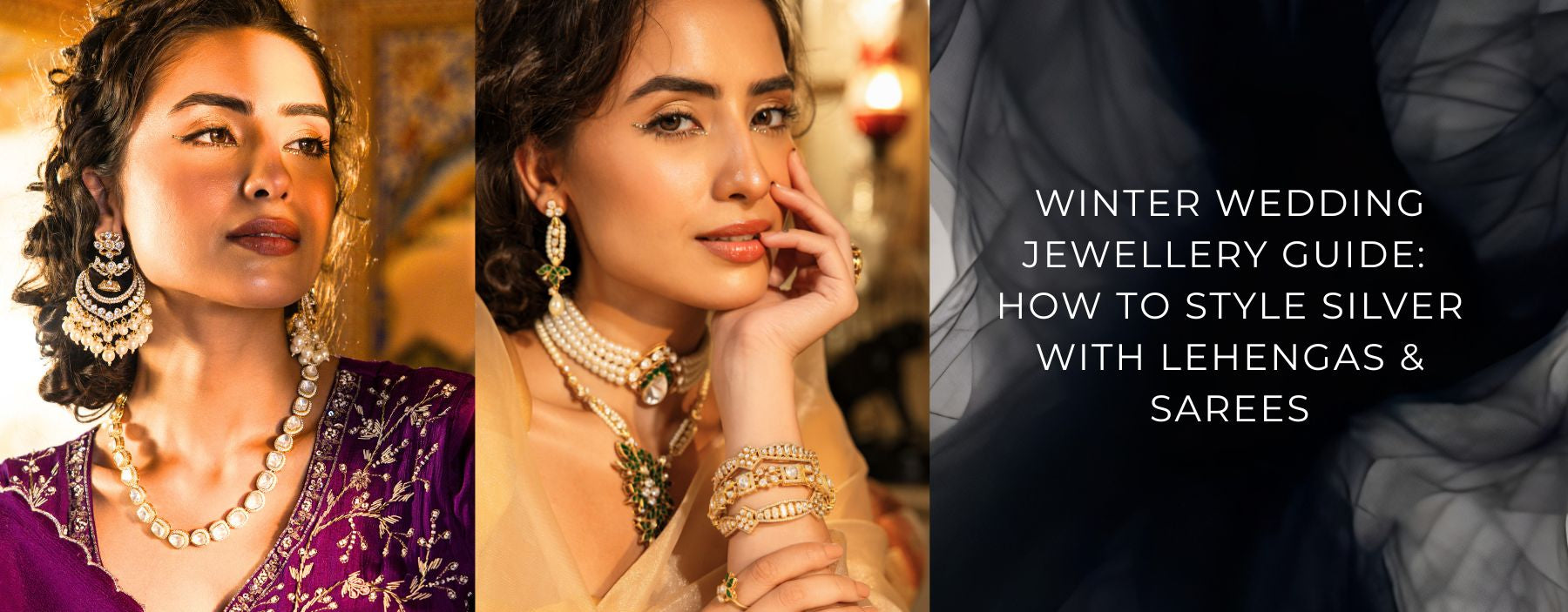 Winter wedding jewellery styling with silver jewellery paired with lehengas and sarees for elegant festive and bridal looks.