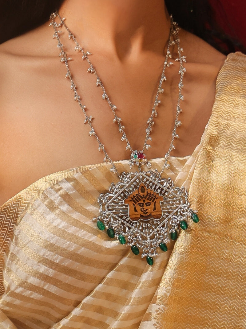 Green Onyx Ma Durga Sterling Silver Necklace Set