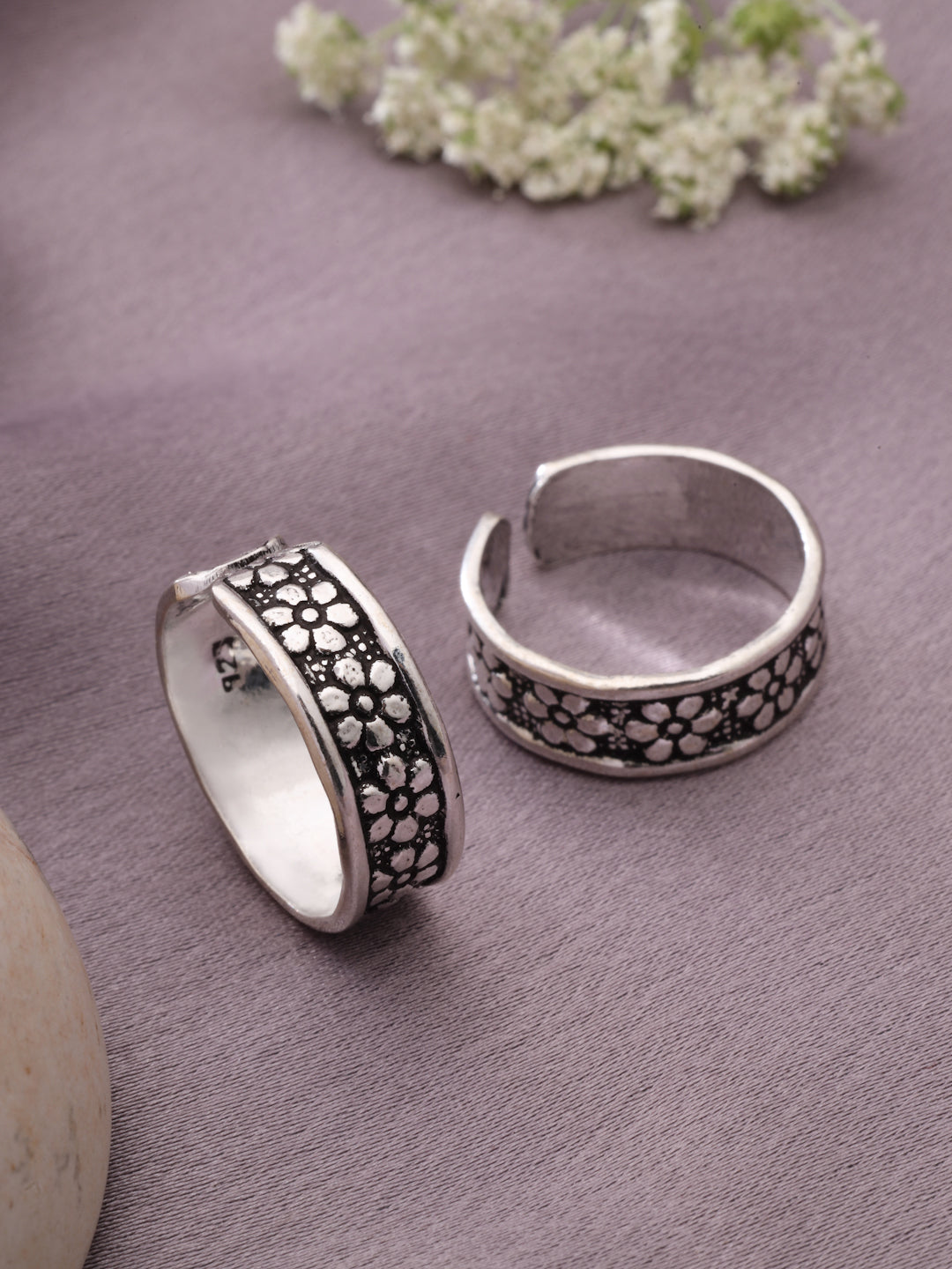 Floral Meadow Oxidized 925 Sterling Silver Adjustable Toe Rings (Pair)