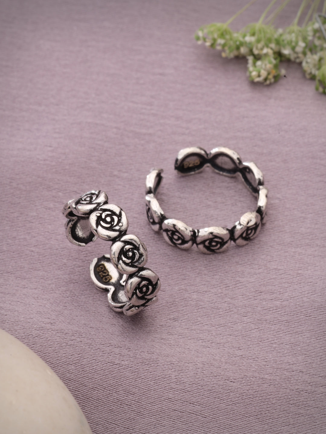 925 Sterling Silver Oxidized Rose Flower Adjustable Toe Rings (Pair)
