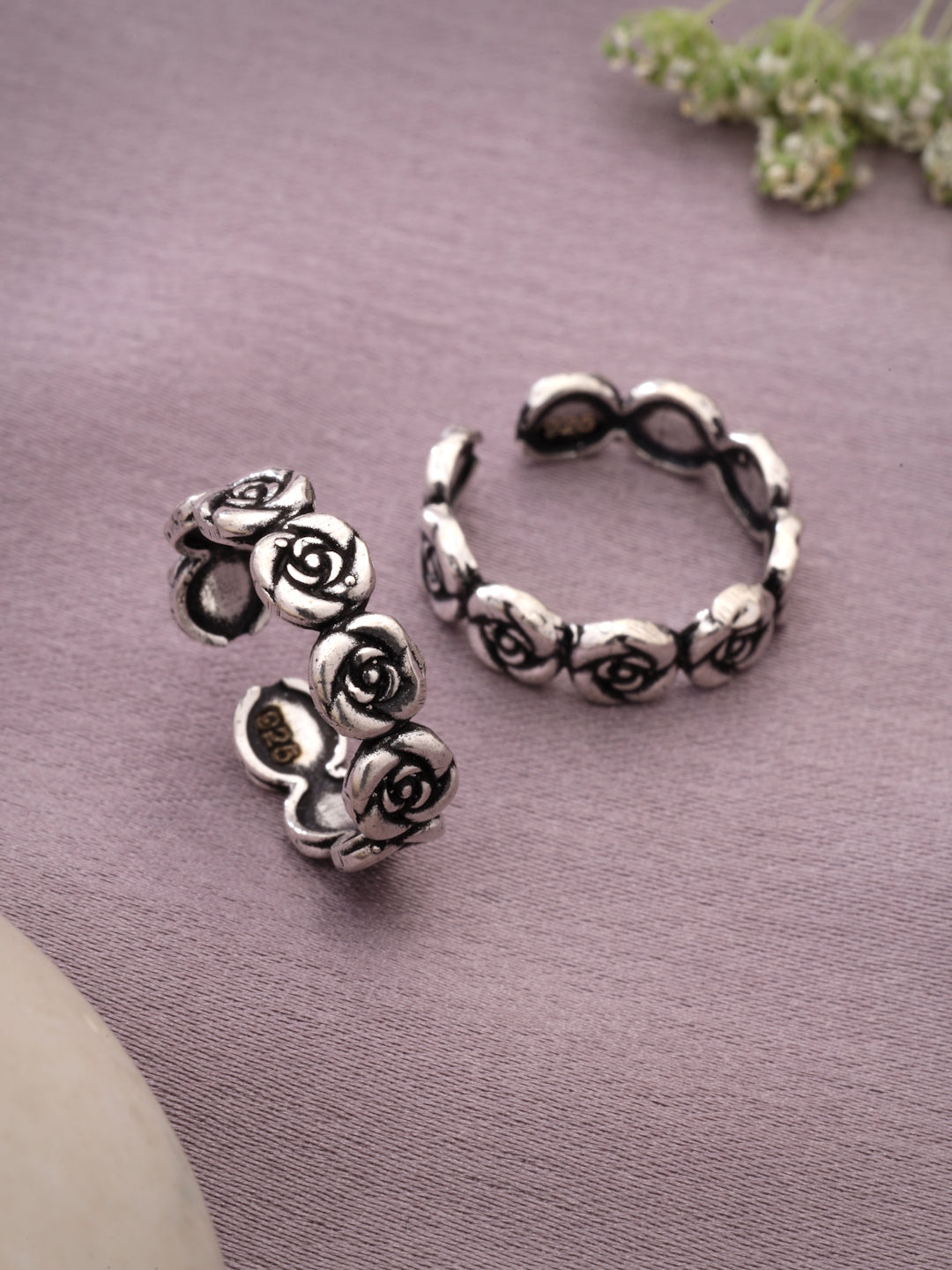 925 Sterling Silver Oxidized Rose Flower Adjustable Toe Rings (Pair)