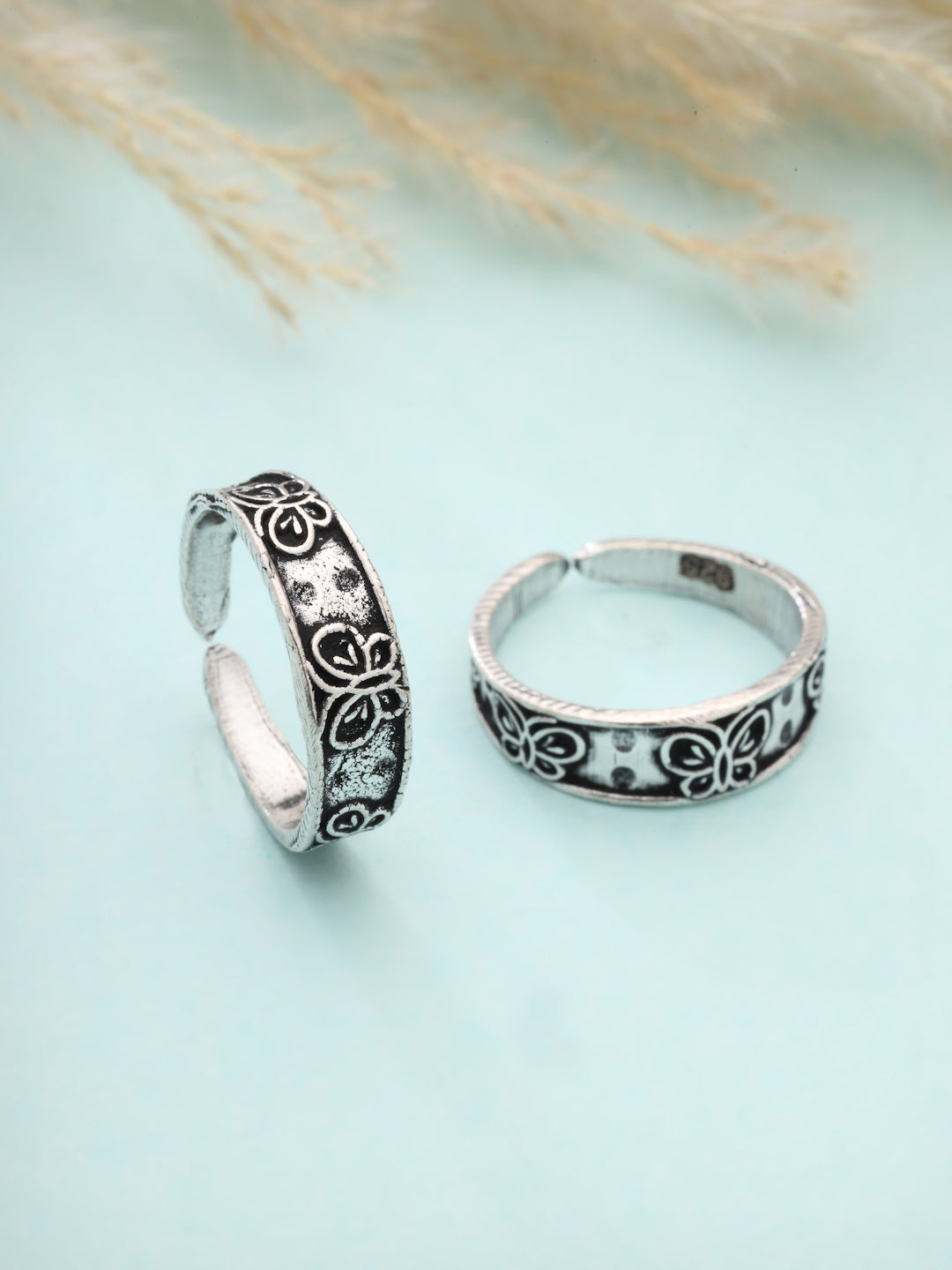 Butterfly Motif 925 Sterling Silver Oxidized Adjustable Toe Rings (Pair)