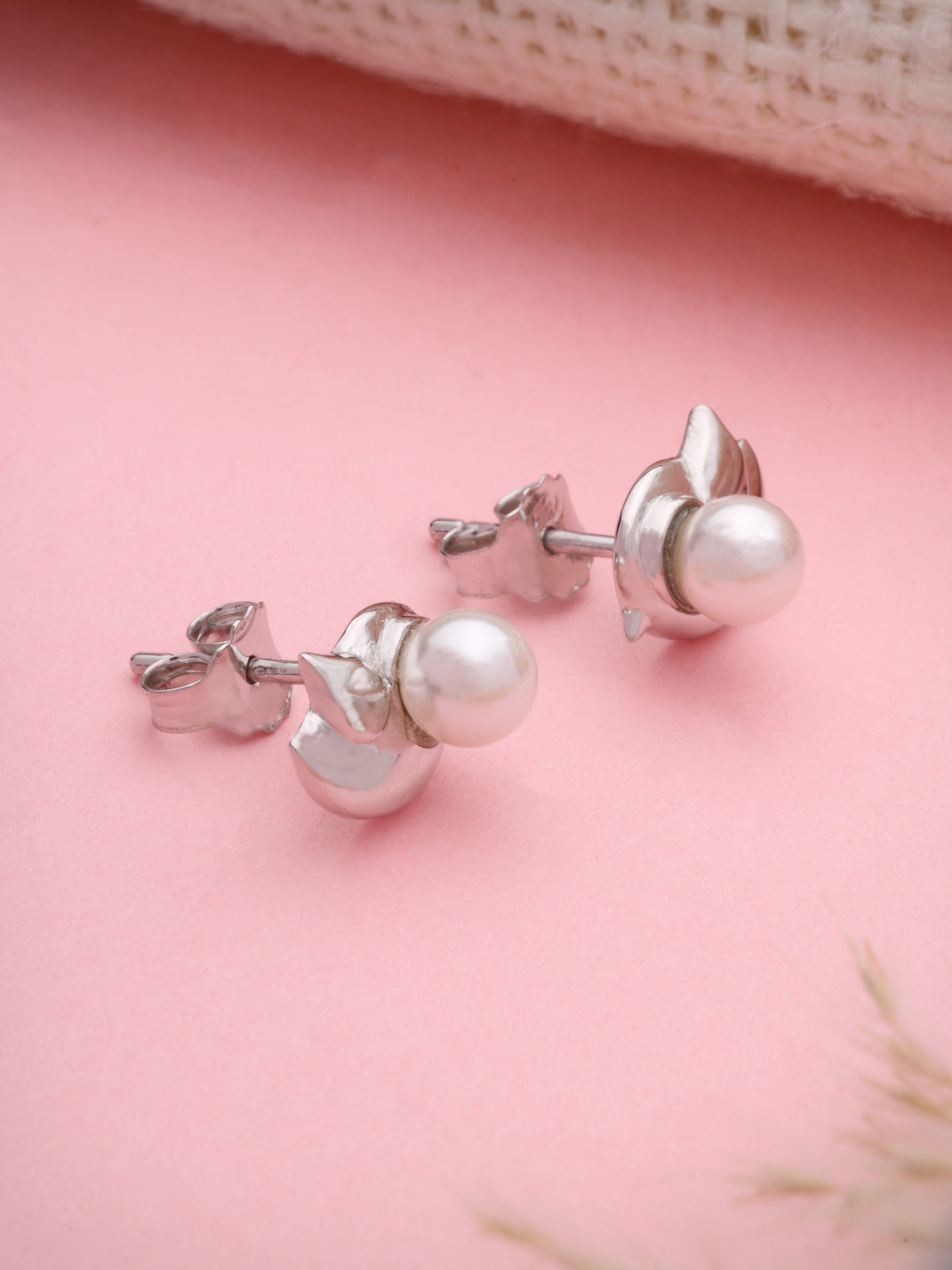 Pearl Stud Earrings in 925 Sterling Silver with Rhodium Plating