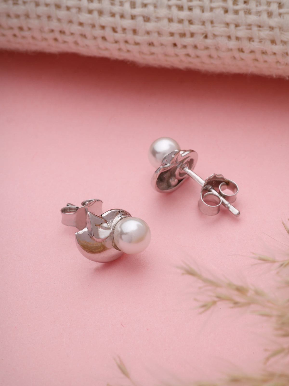 Pearl Stud Earrings in 925 Sterling Silver with Rhodium Plating