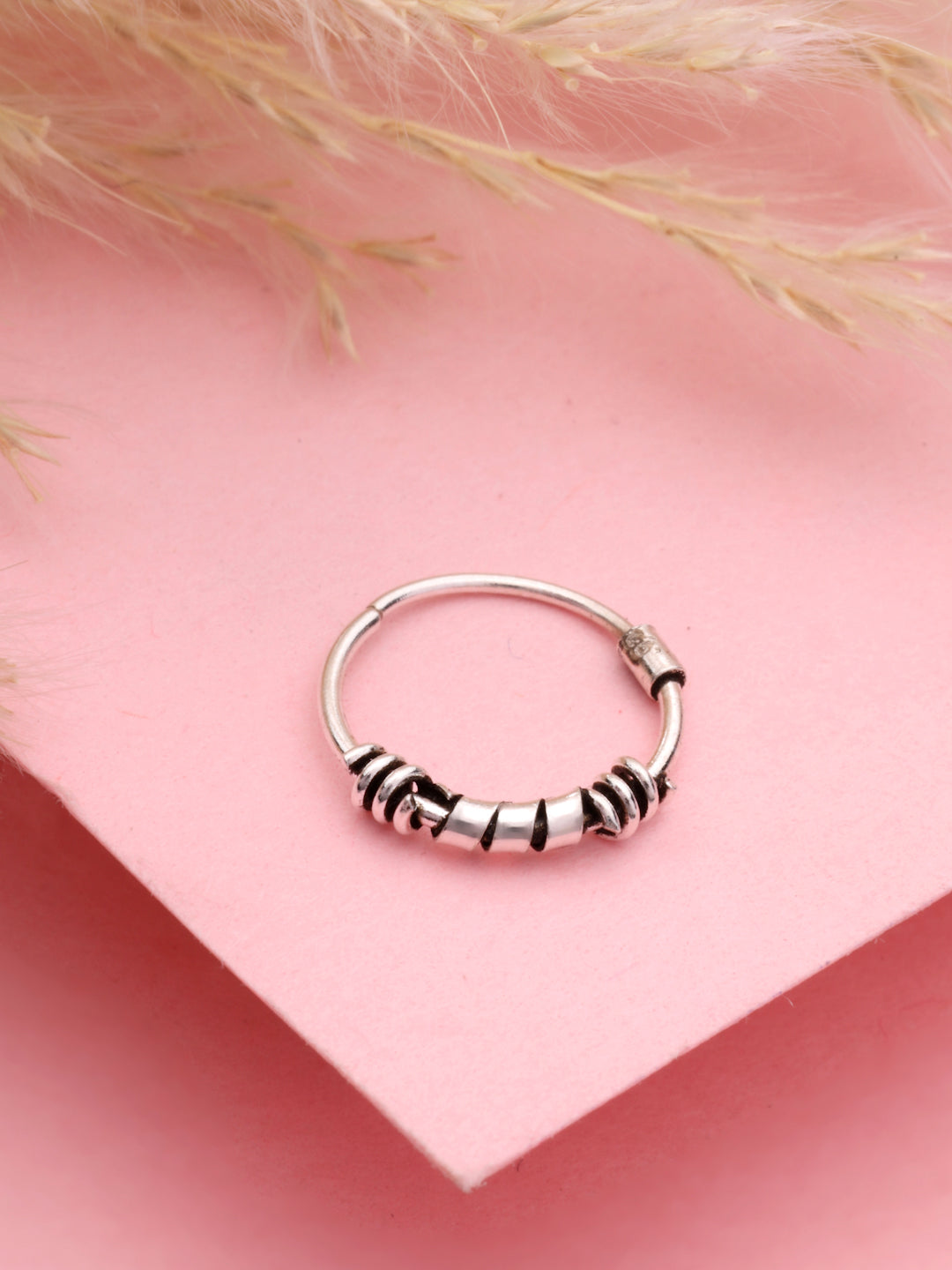 Sterling Silver Bali-Style Hoop Nose Ring with Textured Coil Details