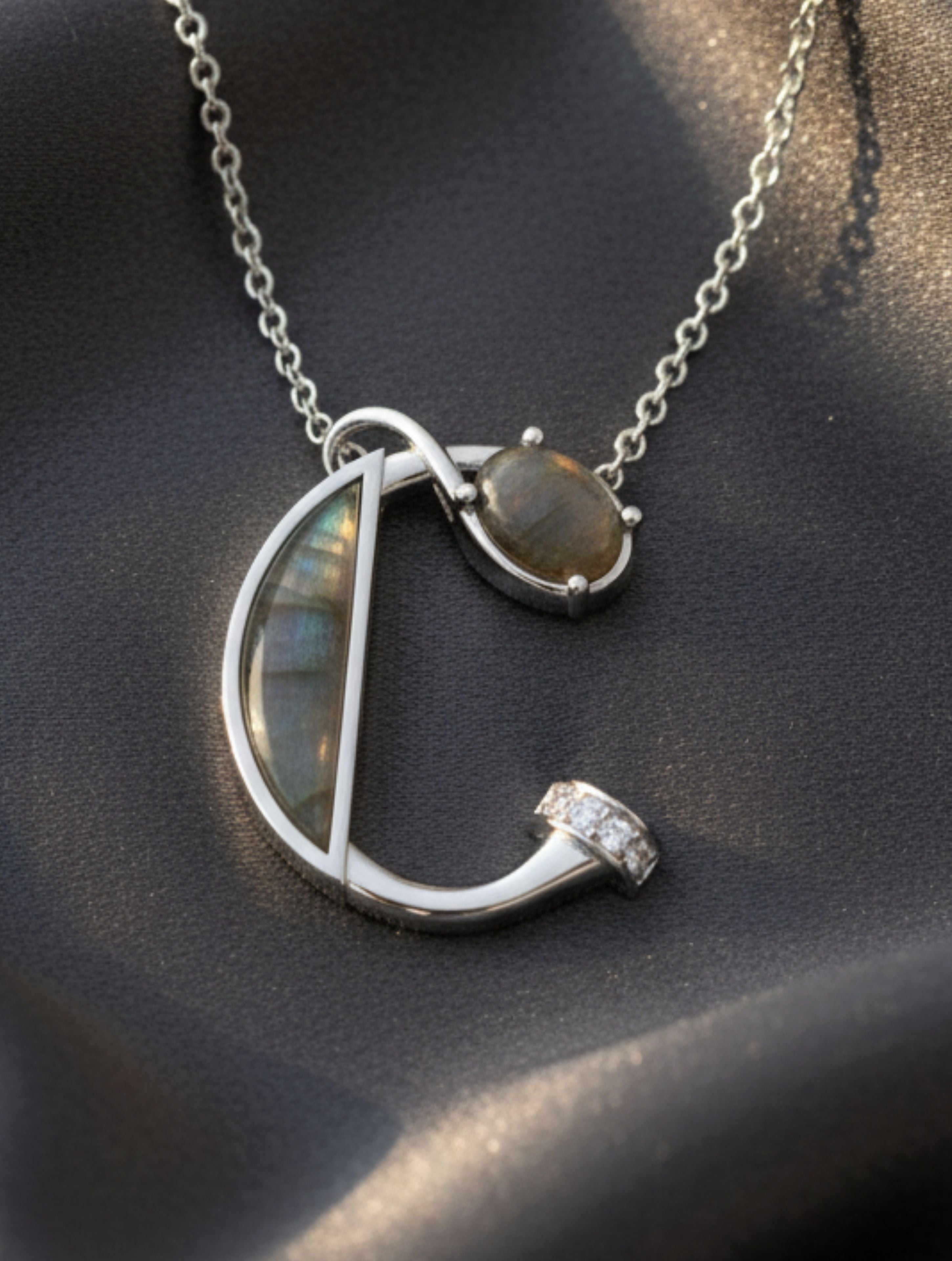 Signery ‘C’ Initial Pendant – Labradorite Moissanite & Rhodium Plated