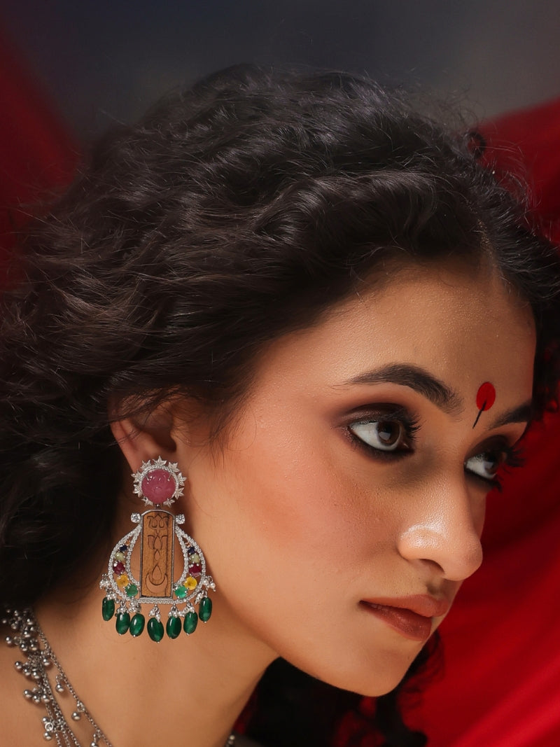 925 Sterling Silver Durga Red Jade Navratna Earrings