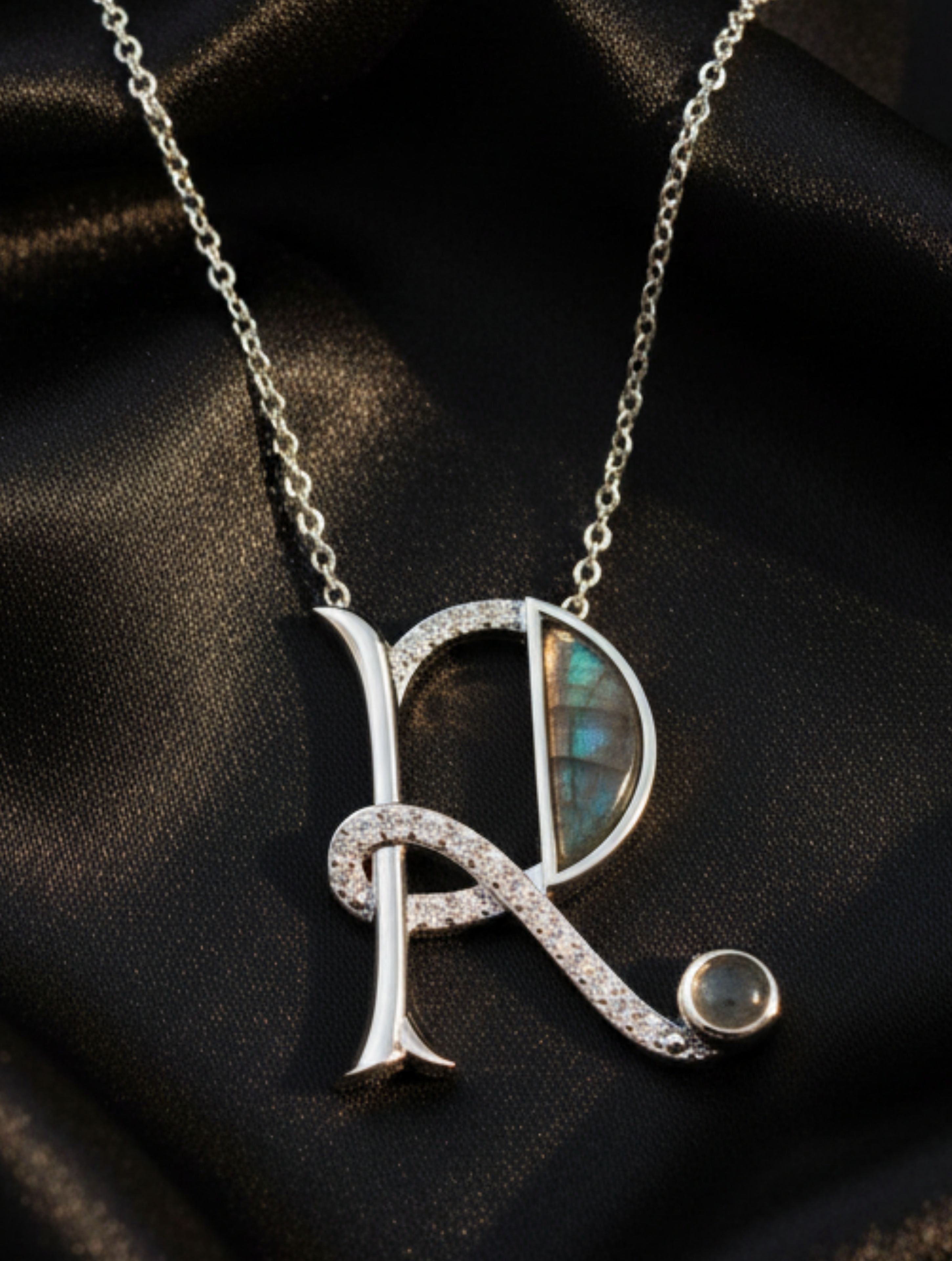 Signery ‘R’ Initial Pendant – Labradorite Moissanite & Rhodium Plated