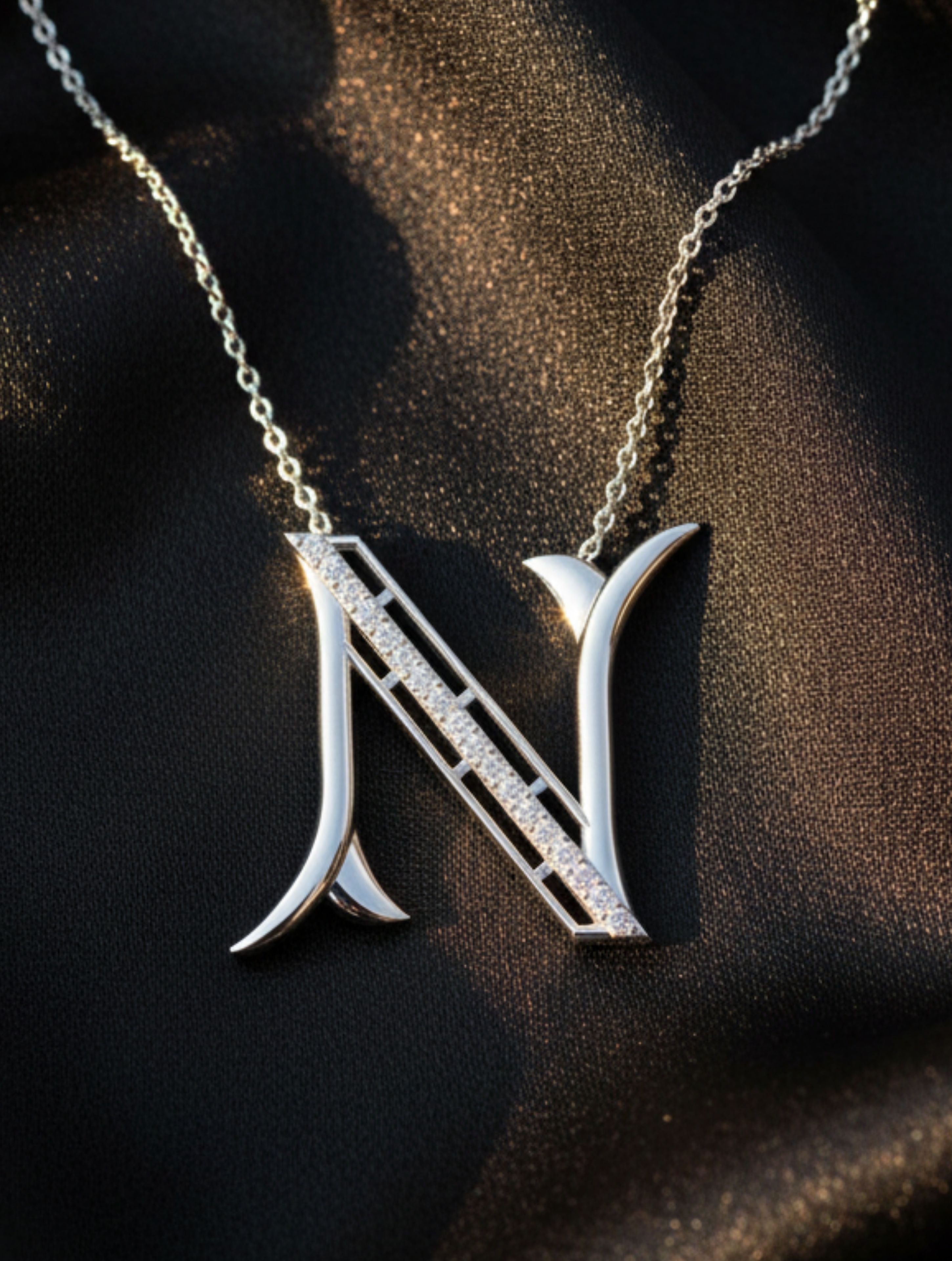 Signery ‘N’ Initial Pendant – Moissanite & Rhodium Plated