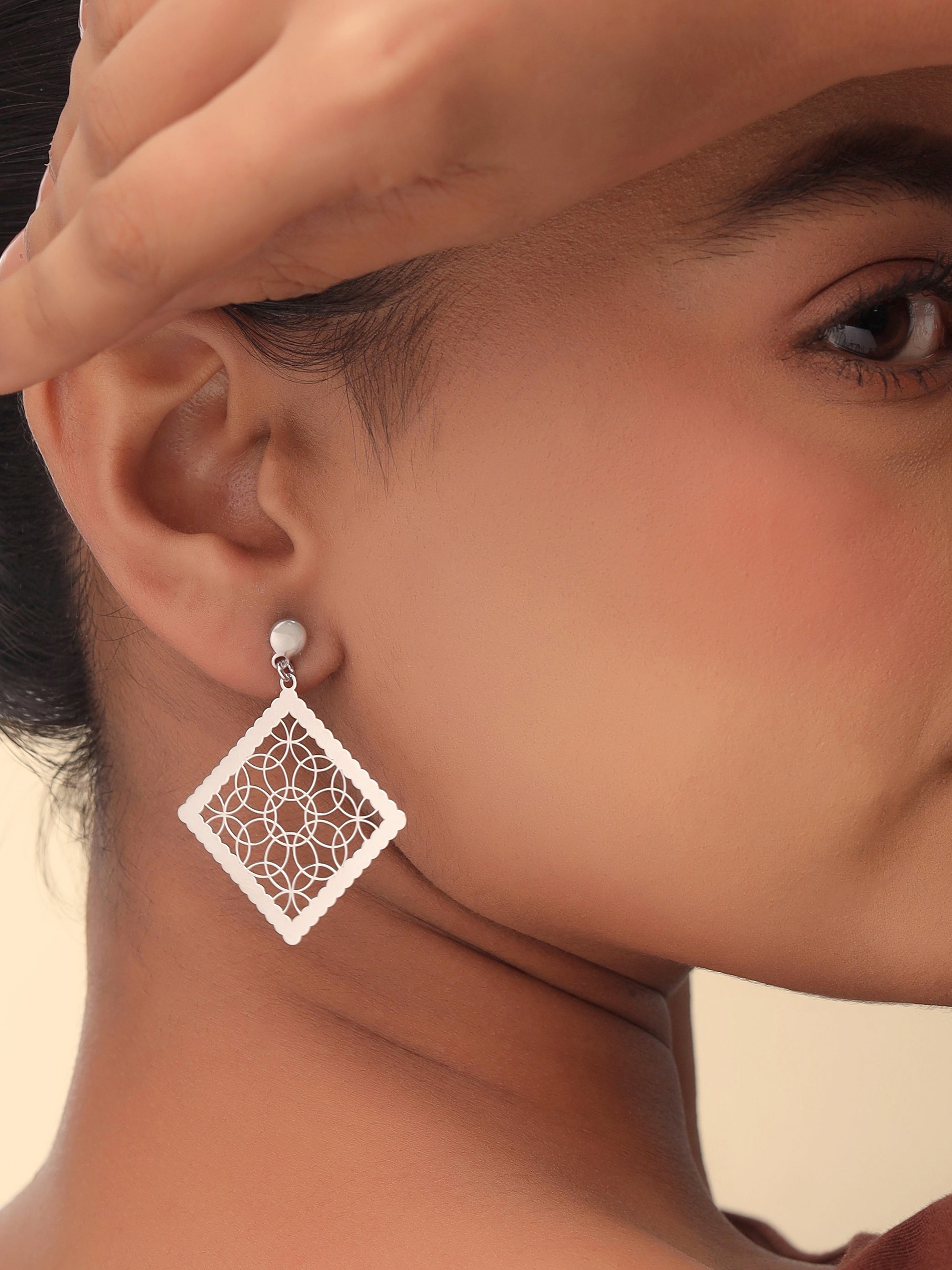 Silver Rhodium Geometric Filigree Syra 925 Sterling Silver Earrings For Women