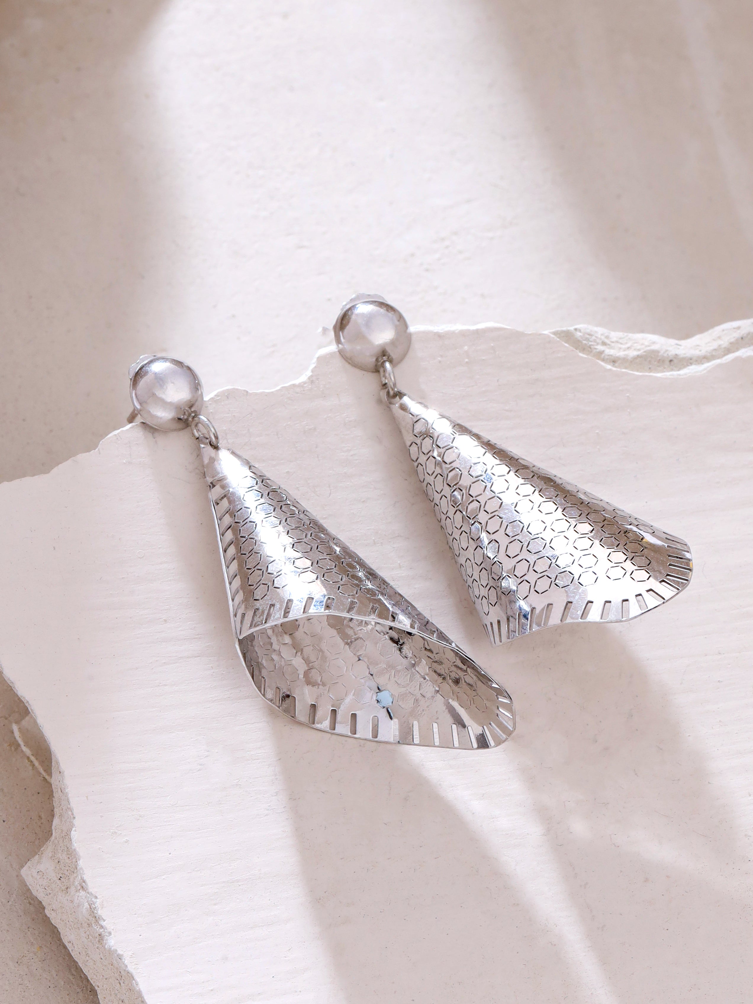 Silver Rhodium Geometric Jali Pattern Syra 925 Sterling Silver Earrings For Women