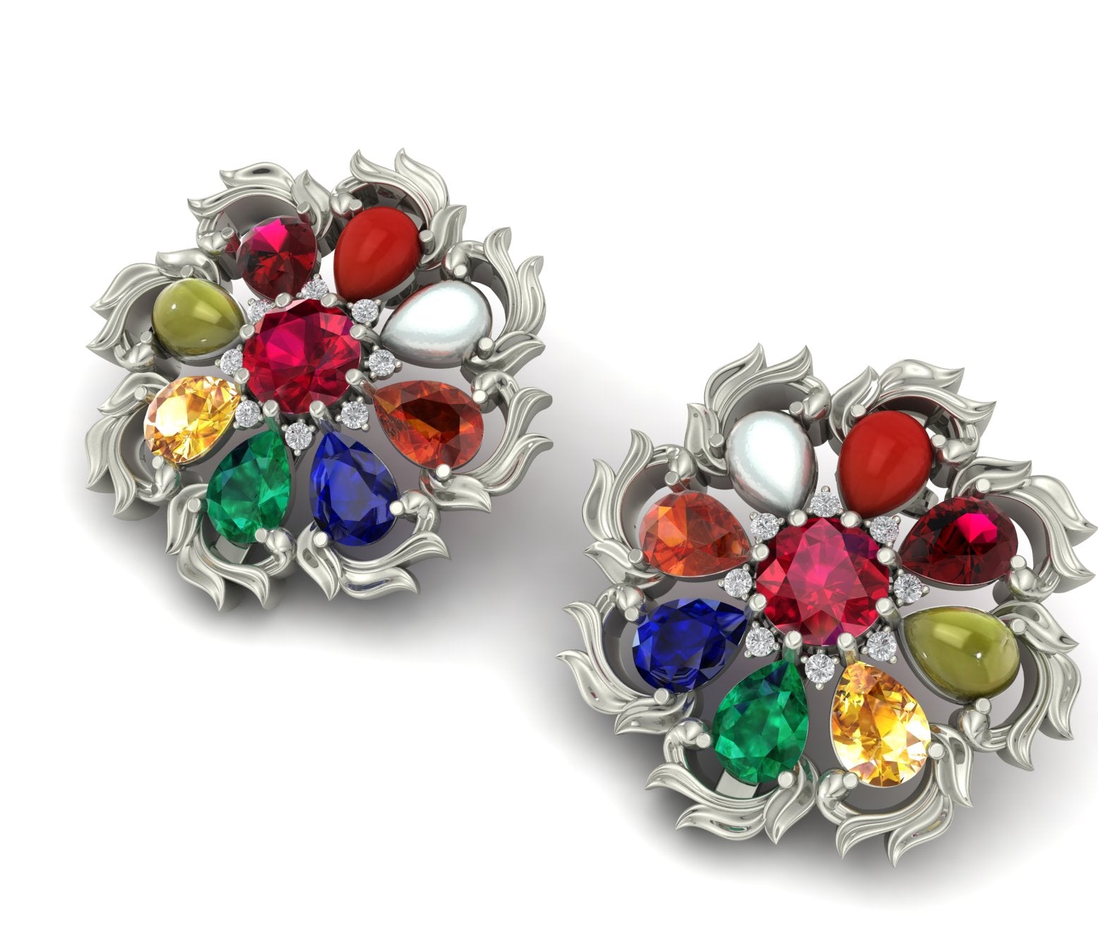 Moissanite Navratna Filigree - Aadhira 925 Sterling Silver Earrings For Women