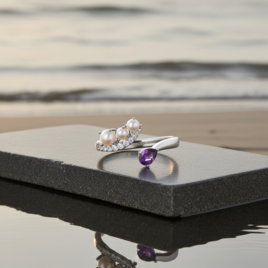 Abstract Amethyst and Pearl 925 Sterling Silver Ring For Women