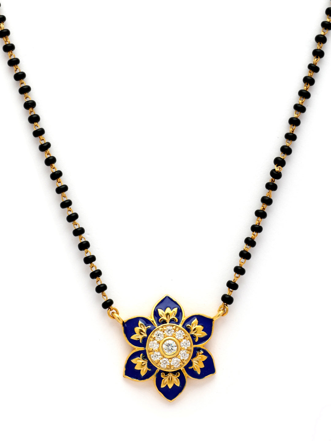 Gold-Plated Royal Blue Floral Moissanite Mangalsutra in 925 Sterling Silver