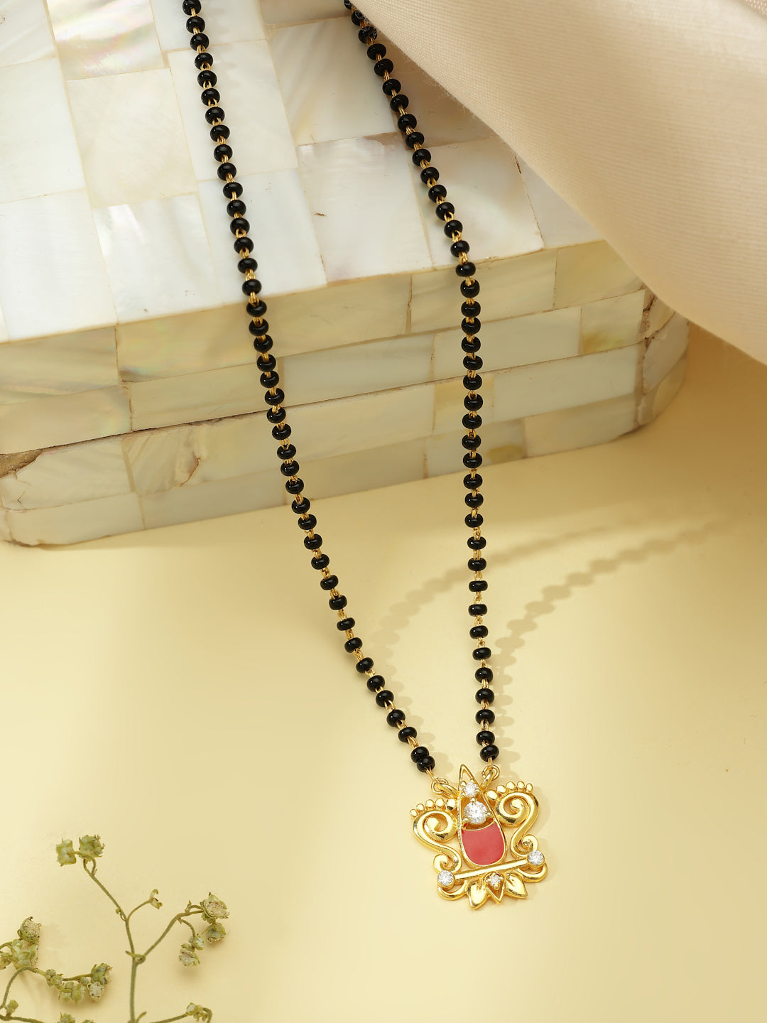 Gold-Plated Red Enamel & Moissanite Mangalsutra in 925 Sterling Silver
