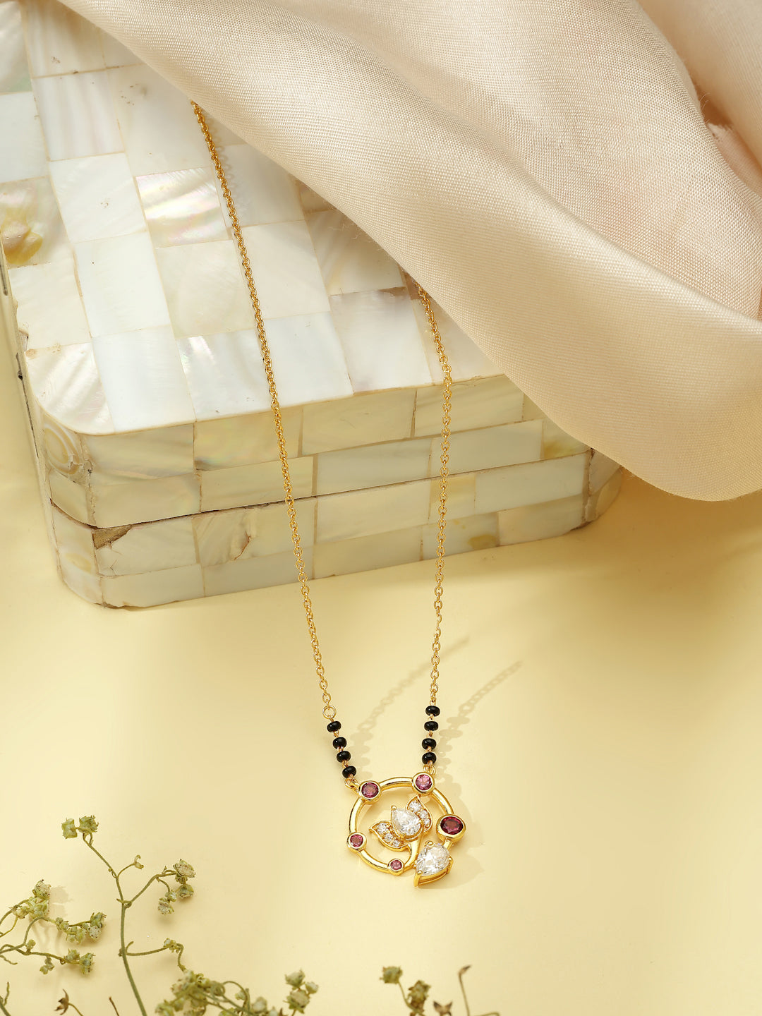 Gold-Plated Rhodolite Garnet Floral Mangalsutra in 925 Sterling Silver