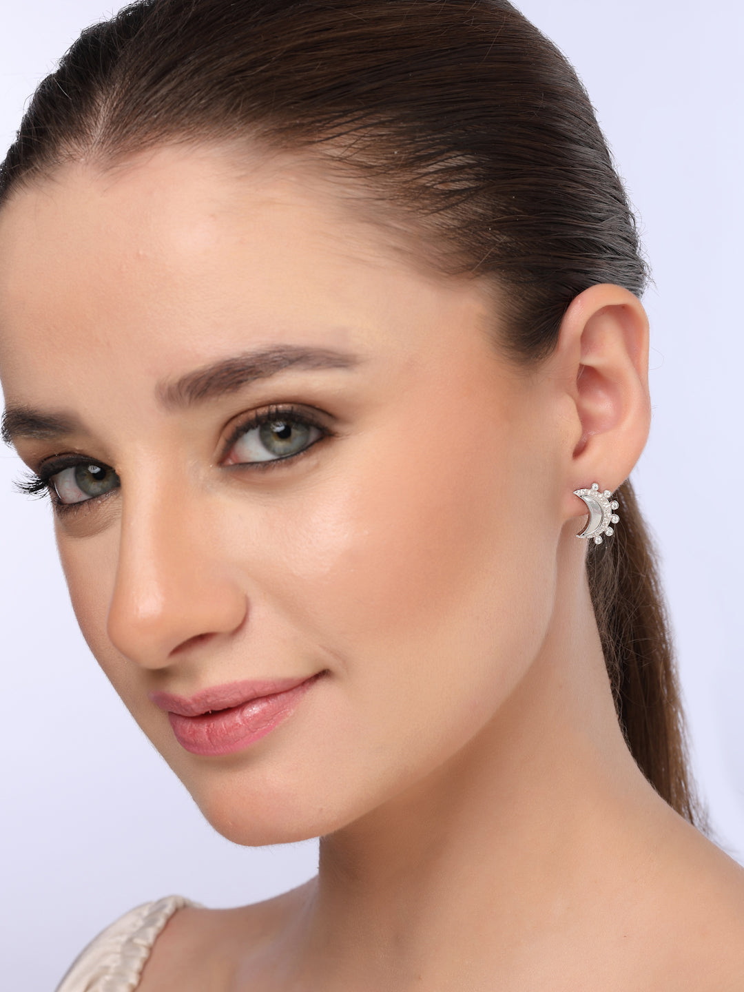 Celestial Glow: Moissanite & Mother of Pearl Crescent Moon Earrings