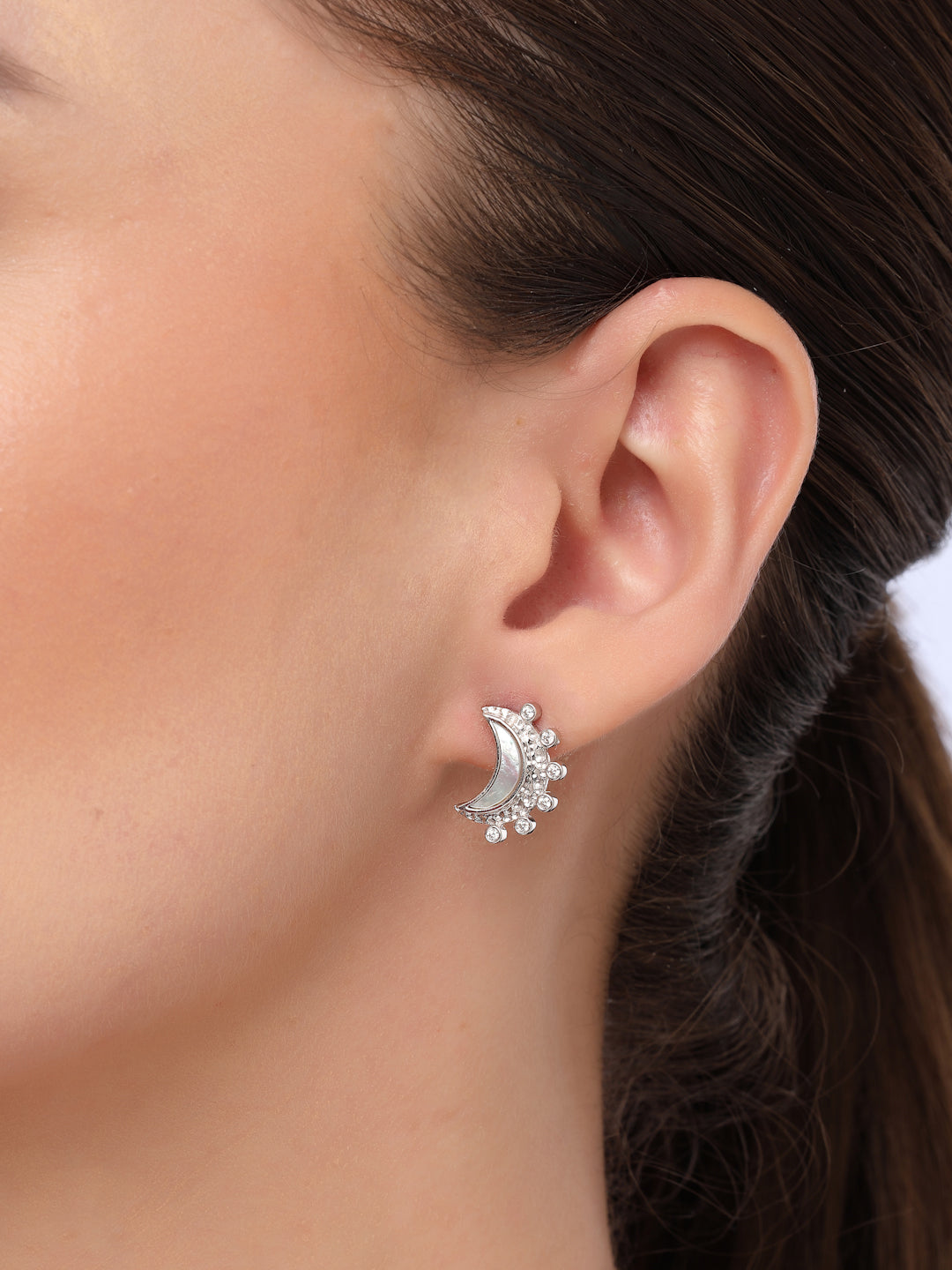 Celestial Glow: Moissanite & Mother of Pearl Crescent Moon Earrings