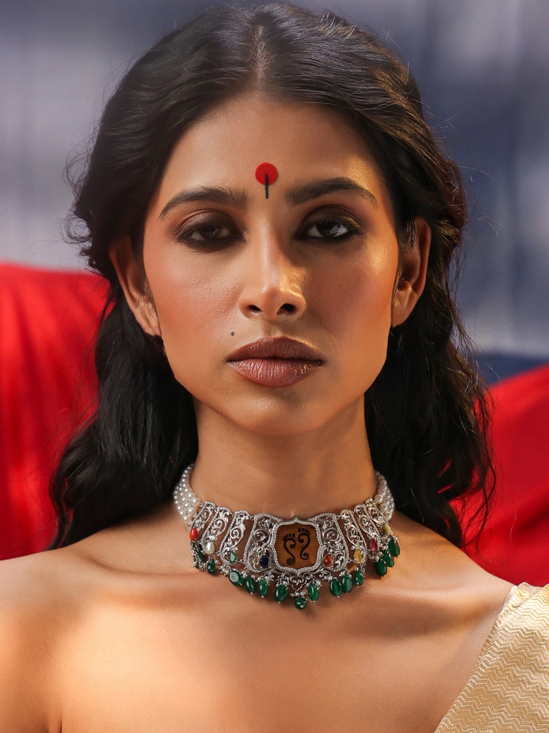 Laxmi Feet Navratna Sterling Silver Necklace Set