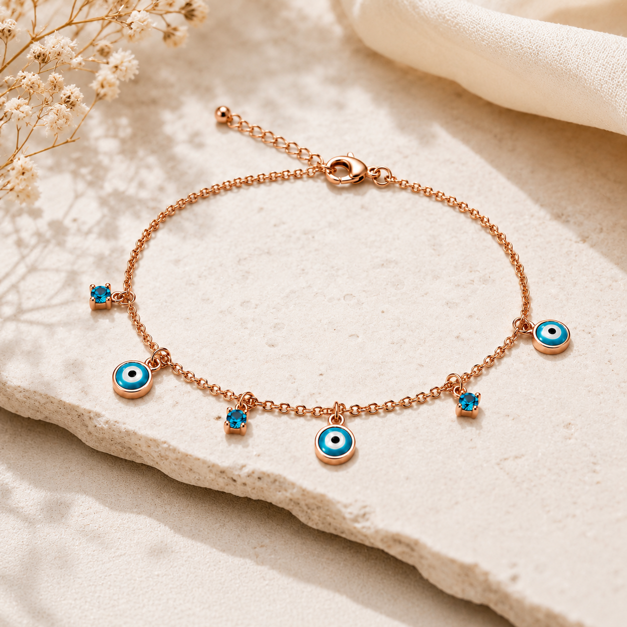 Rose Gold 925 Sterling Silver Evil Eye Charm Bracelet