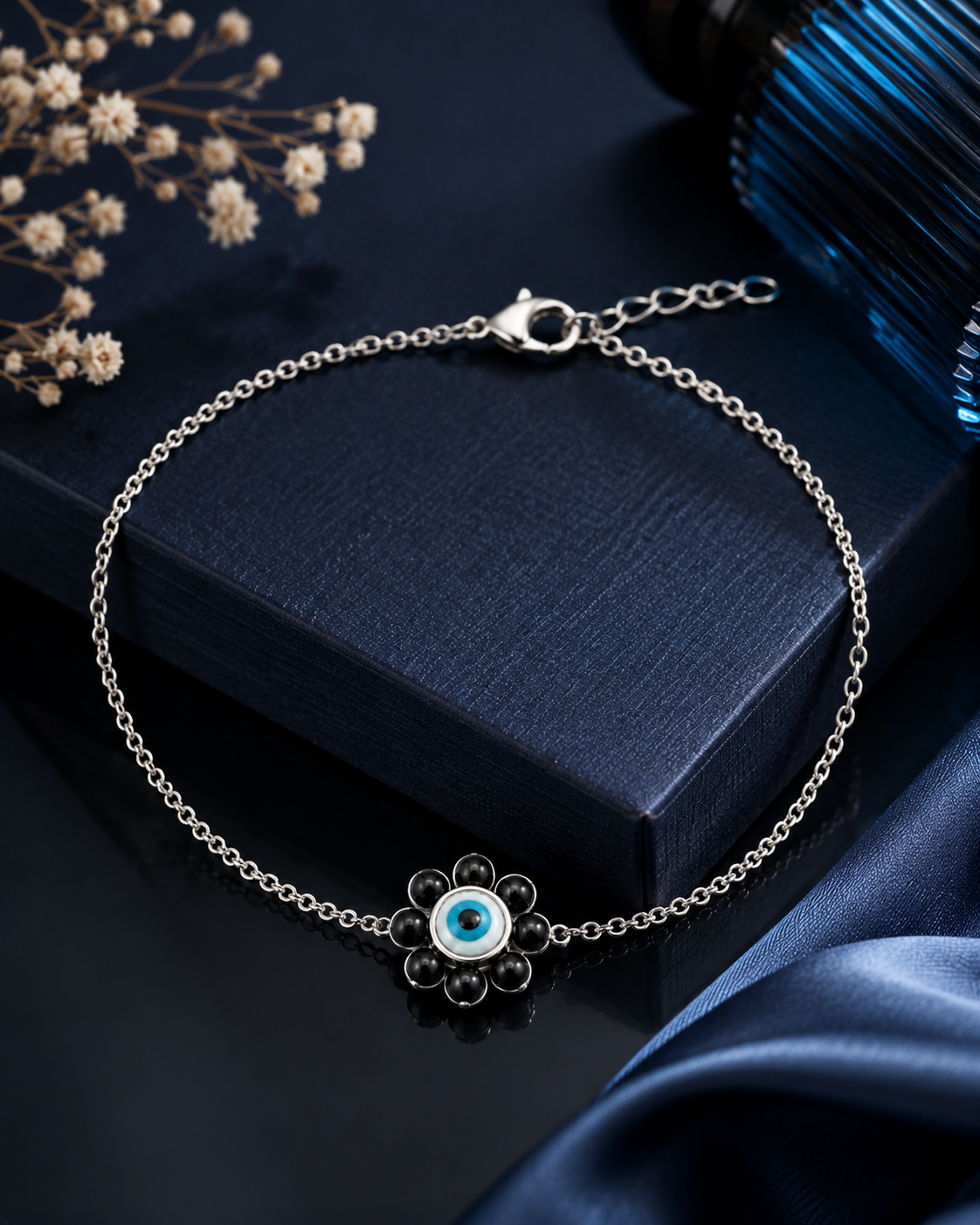 925 Sterling Silver Evil Eye & Black Onyx Flower Anklet