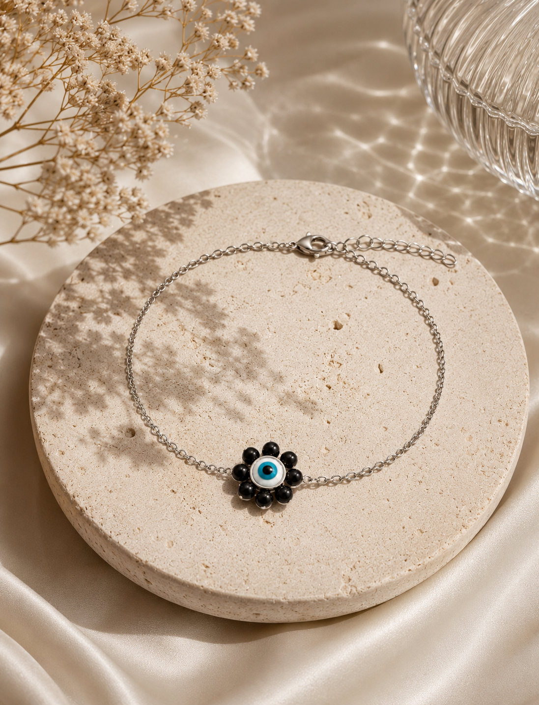 925 Sterling Silver Evil Eye & Black Onyx Flower Anklet
