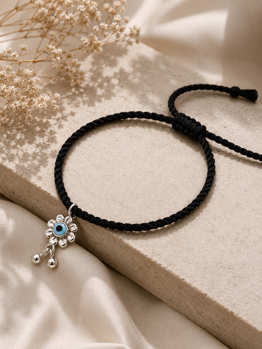 Adjustable Black Thread Anklet with Silver MOP Evil Eye Flower Charm