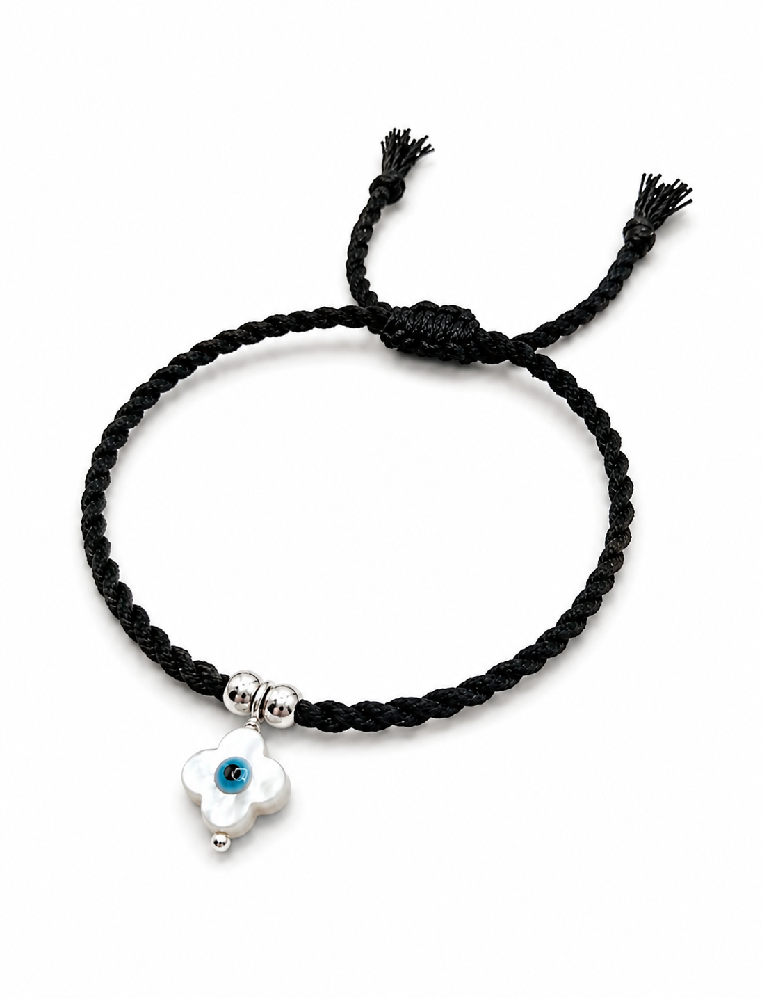 Evil Eye MOP Anklet in 925 Sterling Silver – Adjustable Black Macrame Cord