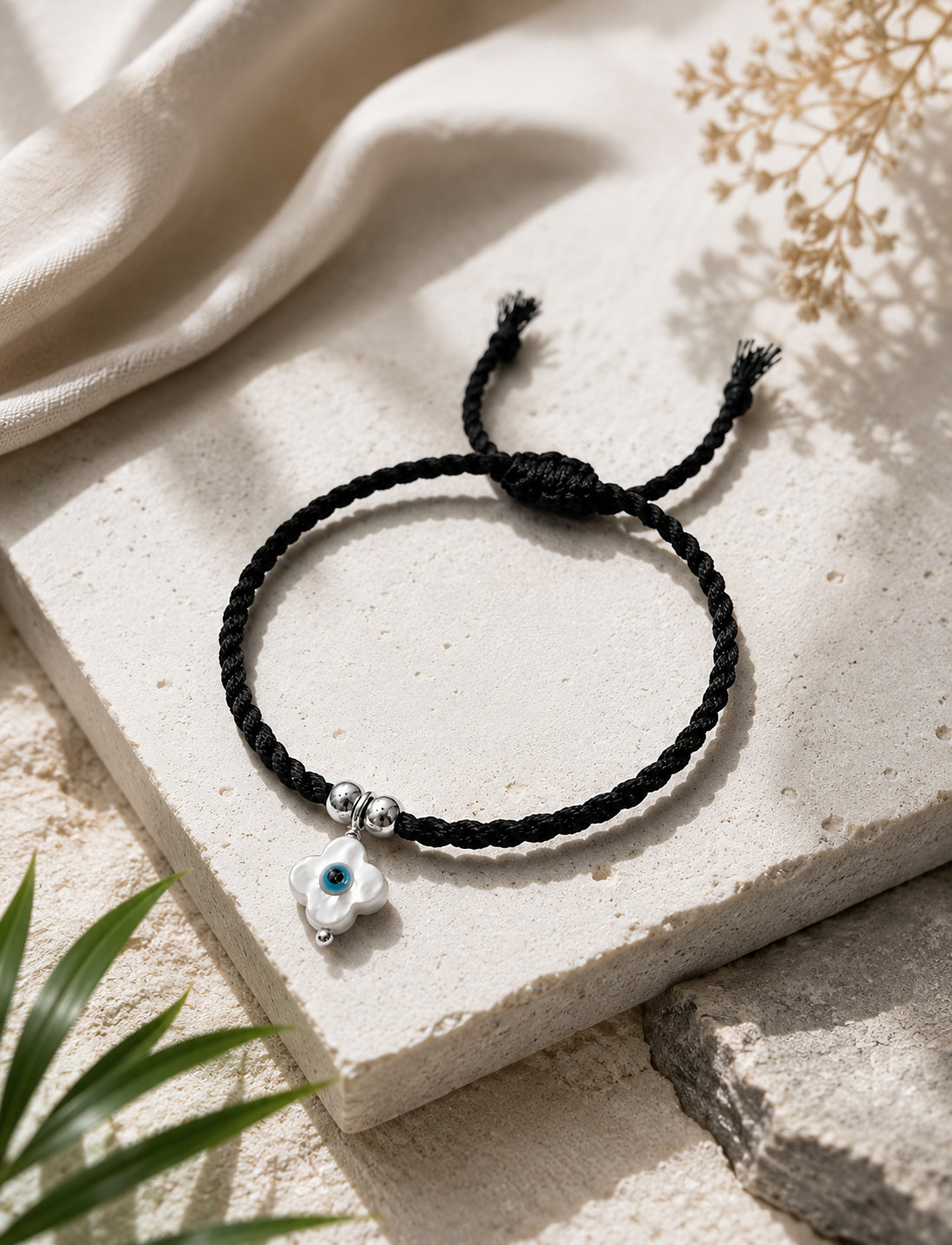 Evil Eye MOP Anklet in 925 Sterling Silver – Adjustable Black Macrame Cord