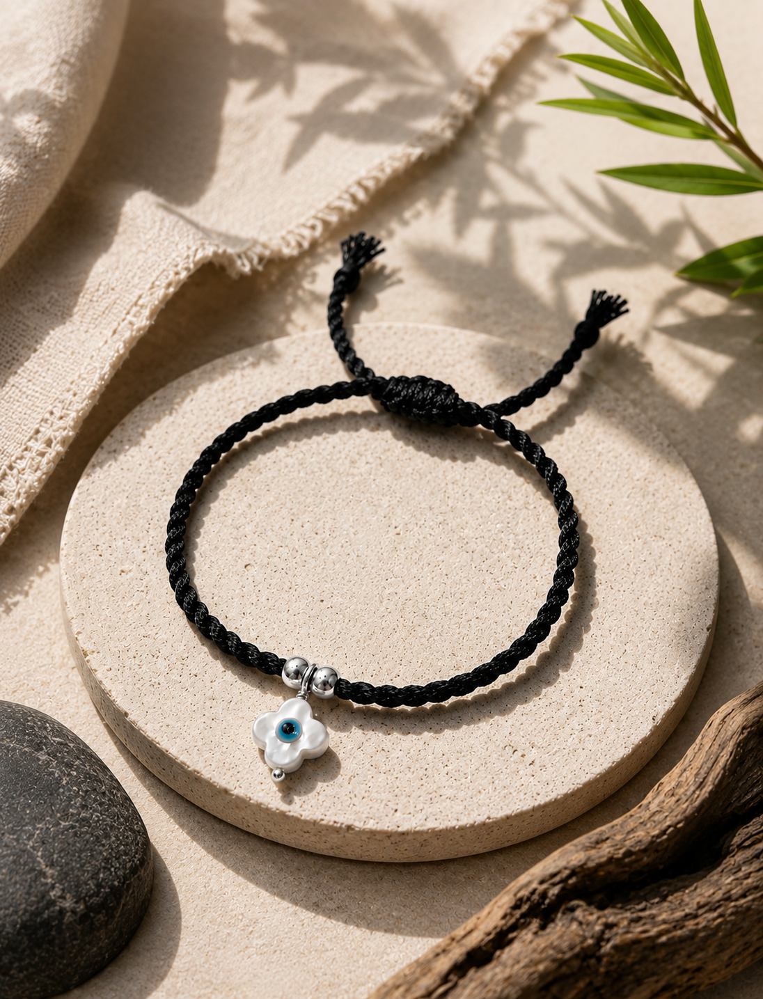 Evil Eye MOP Anklet in 925 Sterling Silver – Adjustable Black Macrame Cord