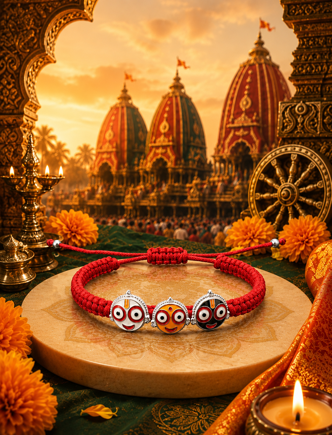 Silver Shree Jagannath ji Trio Bracelet In Red Thread