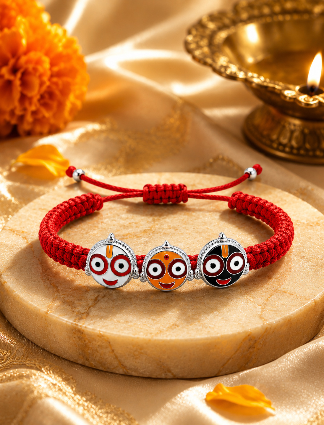 Silver Shree Jagannath ji Trio Bracelet In Red Thread