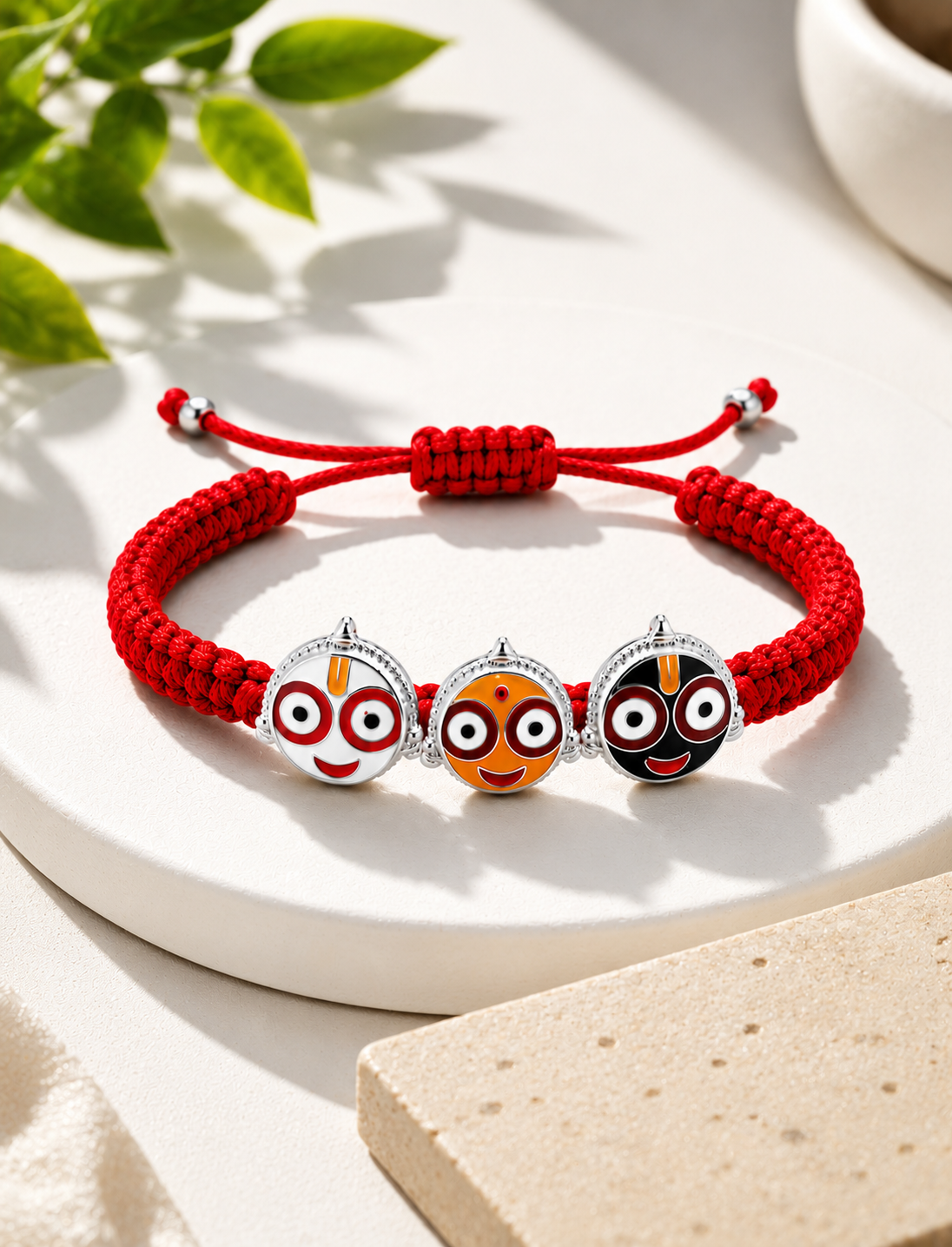 Silver Shree Jagannath ji Trio Bracelet In Red Thread