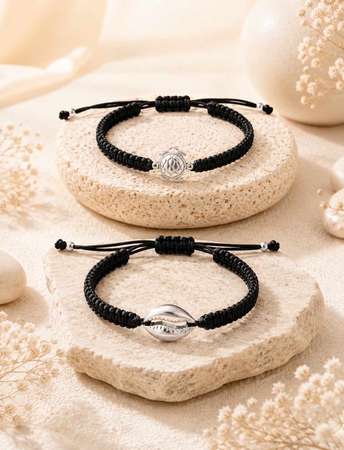 925 Sterling Silver Turtle & Cowrie Shell Black Braided Adjustable Bracelet for Men & Women