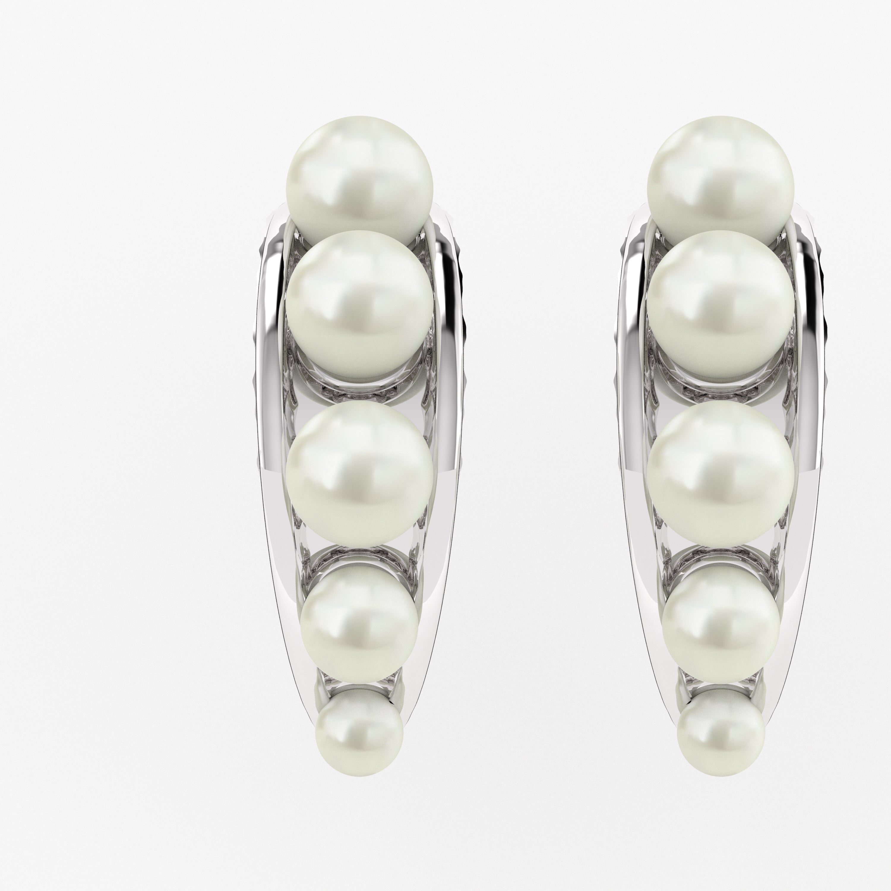Luminous Crescent: Graduated Pearl J-Hoop Earrings in 925 Sterling Silver