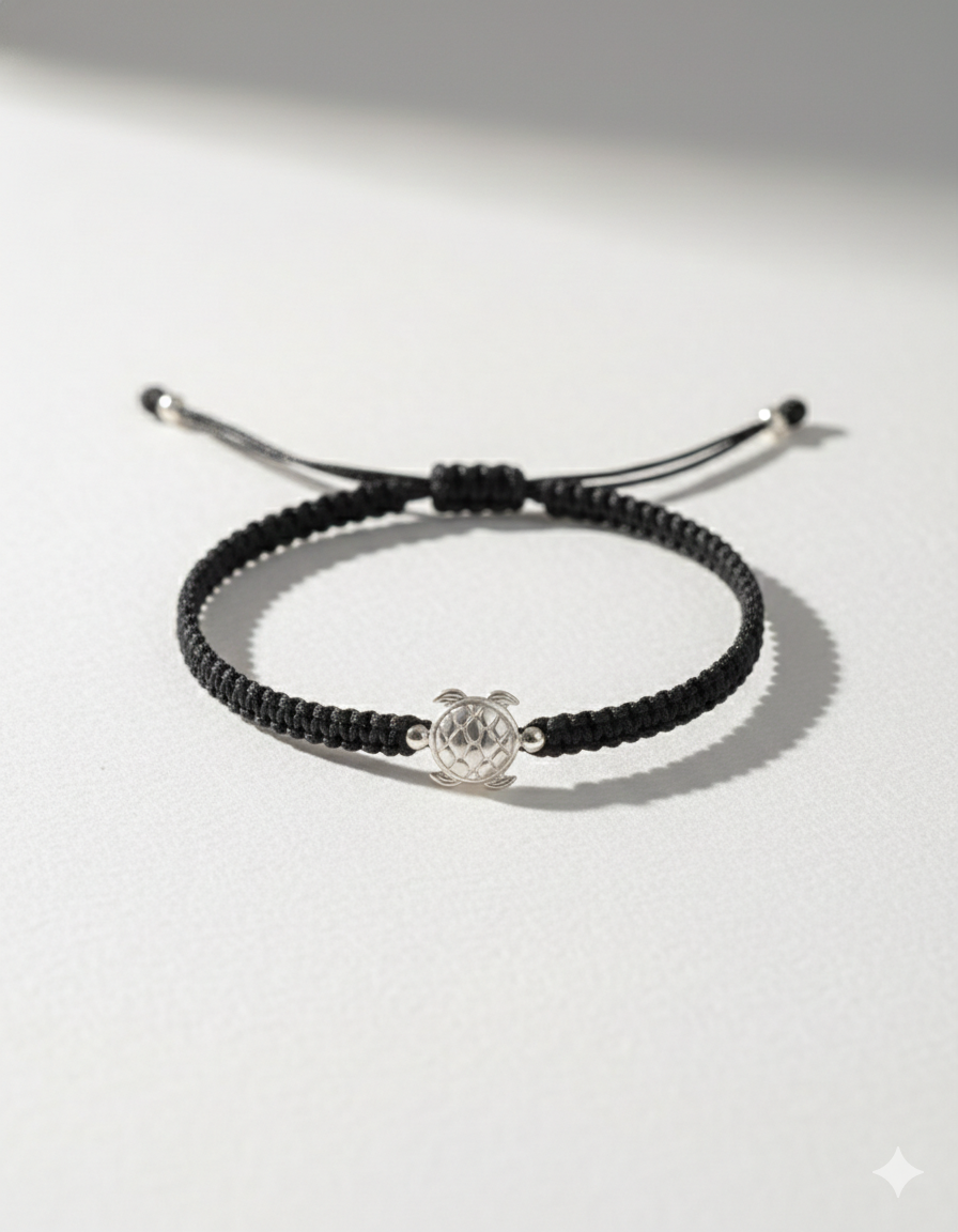 925 Sterling Silver Turtle & Cowrie Shell Black Braided Adjustable Bracelet for Men & Women