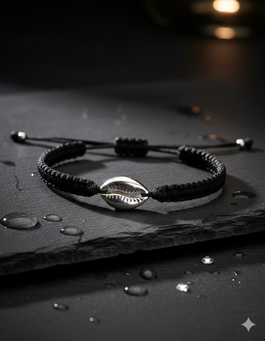 925 Sterling Silver Turtle & Cowrie Shell Black Braided Adjustable Bracelet for Men & Women